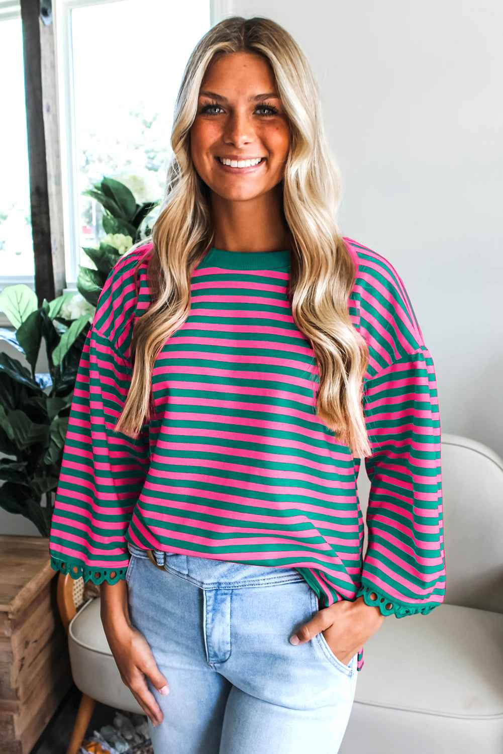Sachet Pink Striped Round Neck Contrast Trim Bell Sleeve Top 0ef70a18a1593ef7