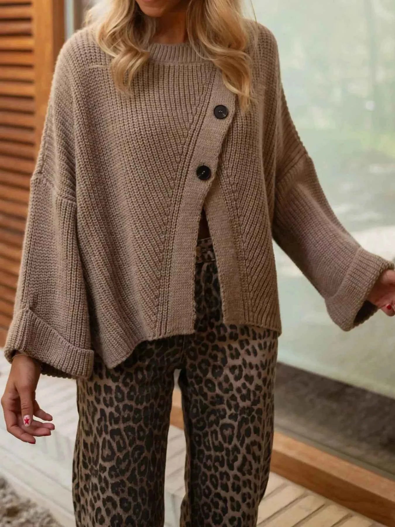 Asymmetrical Button Detail Sweater Khaki One Size 0f0199fe-243d-4c1e-b462-5f9d6e9d32f0-Max-Origin
