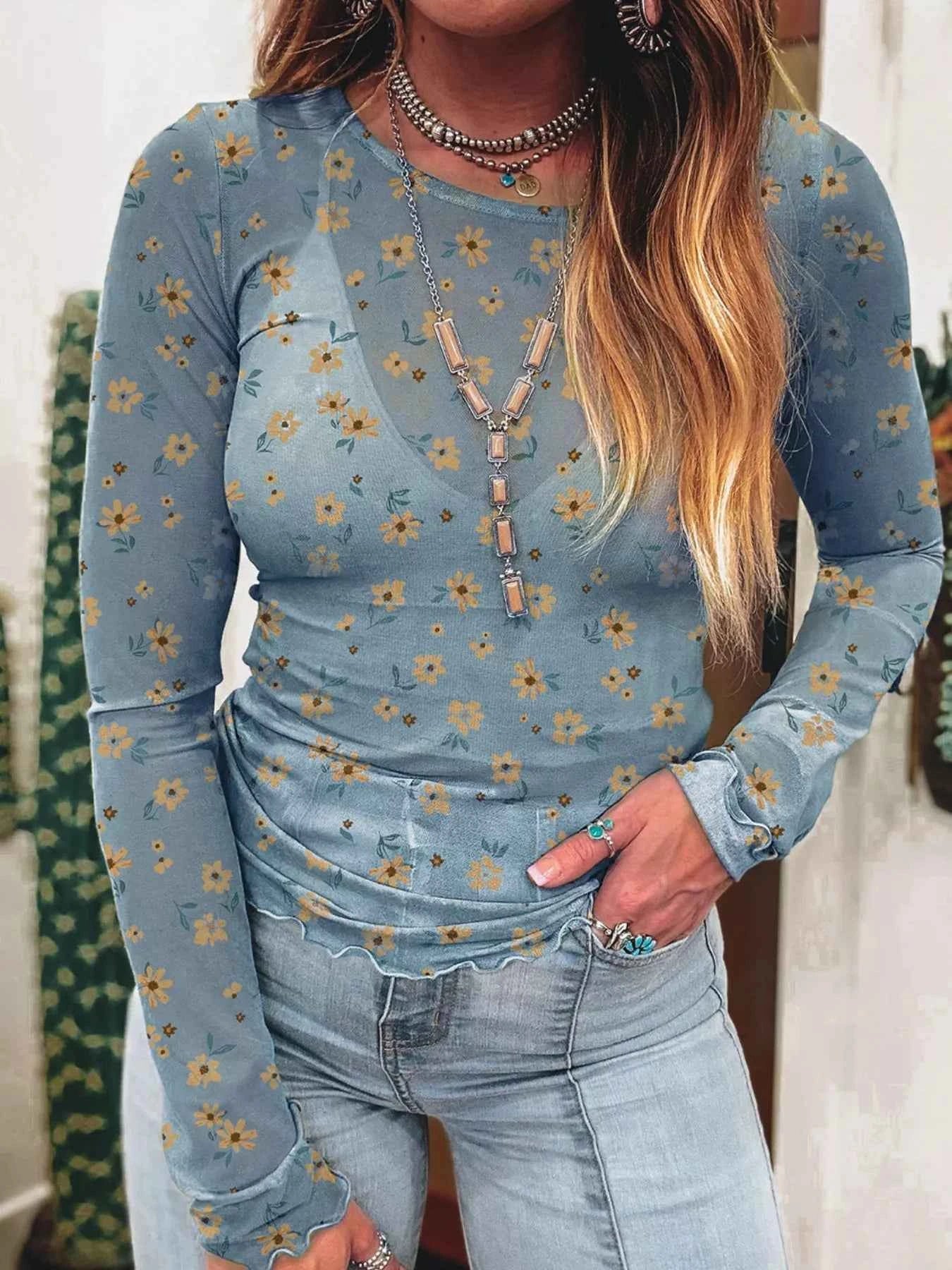 Floral Print Long Sleeve Mesh Blouse Dusty Blue 0f098884-1733-4892-8f80-e508ca118c35-Max-Origin
