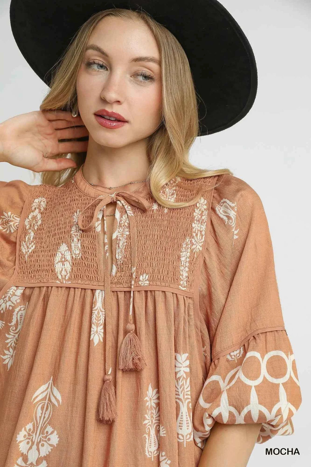 Umgee Boarder Print Tassel Tie Neck Mini Dress 0f0b43f2-3570-436b-aab9-913f26524d59-Max-Origin