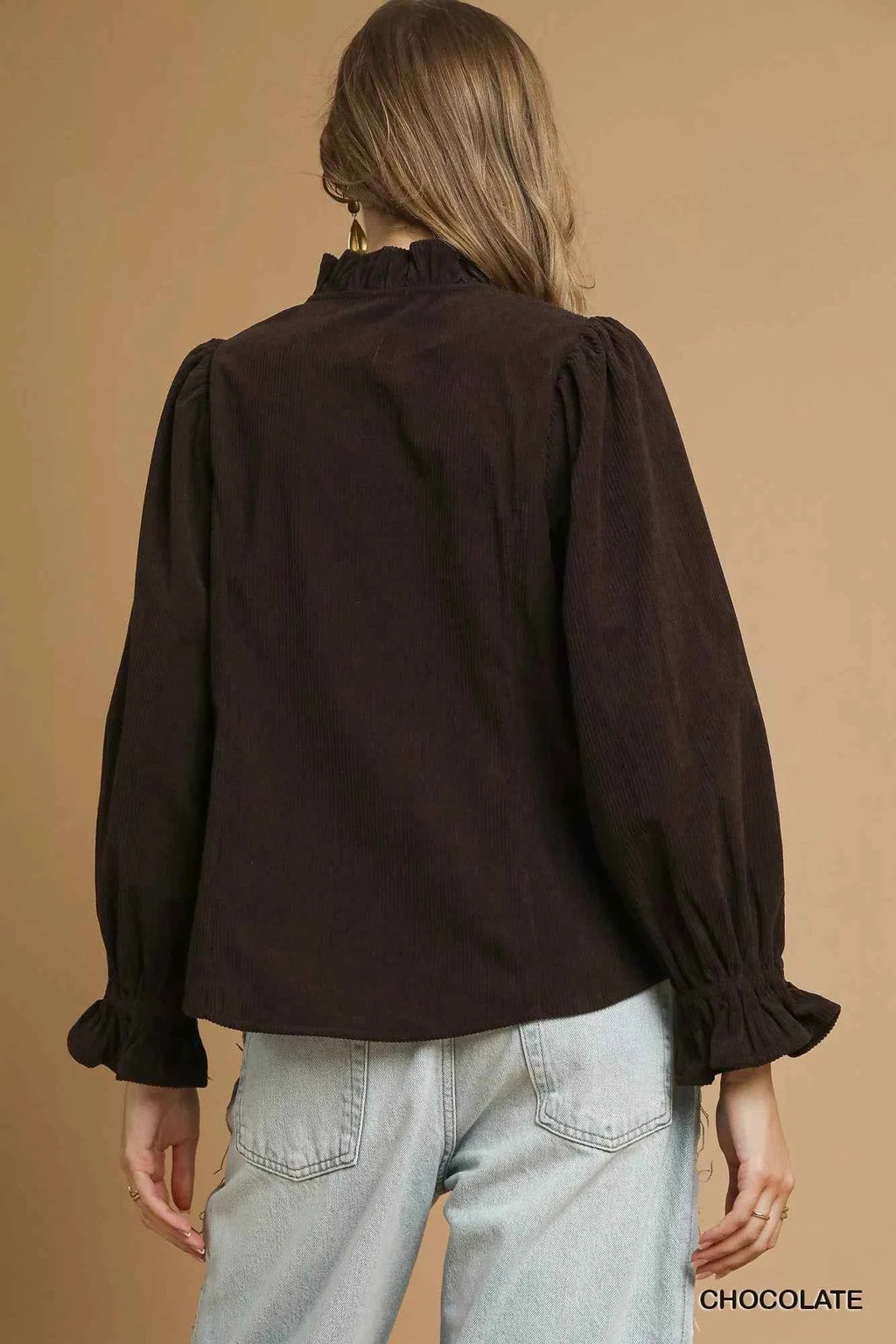 Umgee Corduroy Ruffle Shirt with Long Puff Sleeves 0f1003ad-fe52-46a0-9161-0388fb6e4a35-Max-Origin