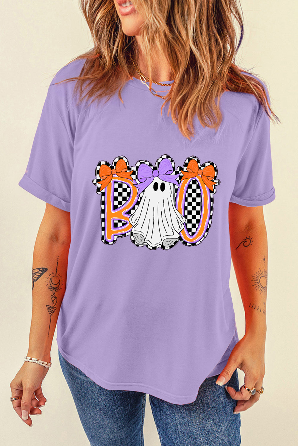 Wisteria Boo Checkered Ghost Heat Transfer Printing Crewneck Graphic Tee 0f1102db485e44c3