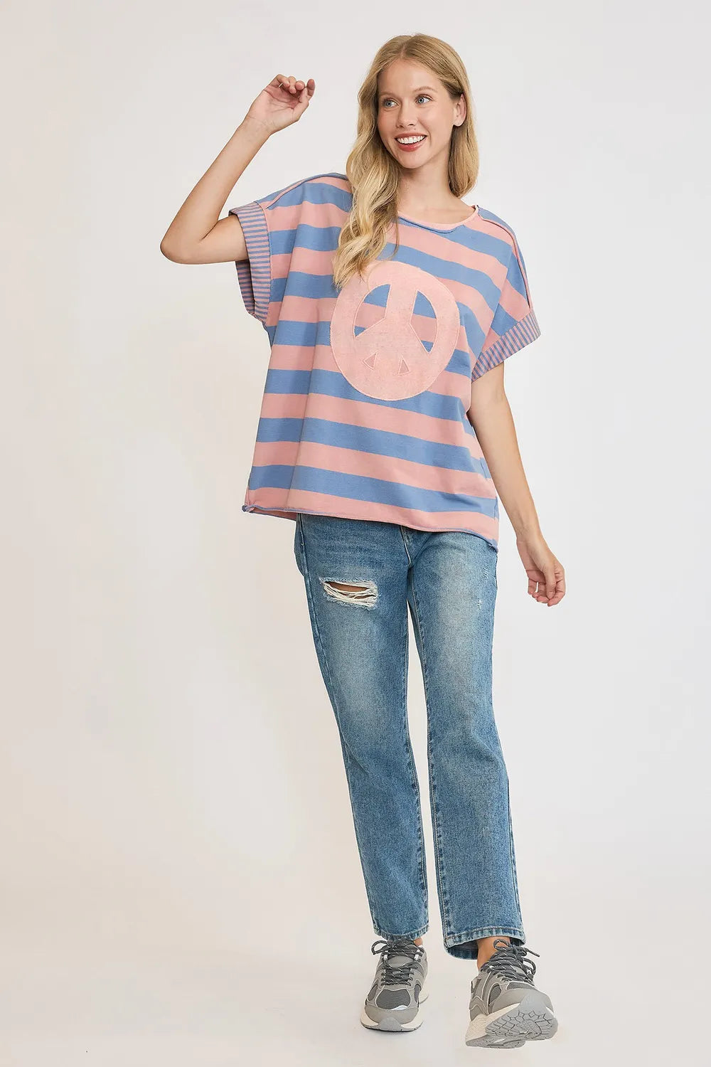 Umgee Peace Sign Patch Striped French Terry T-Shirt 0f23f43e-505e-4932-a9a9-79ddcc573ba2-Max