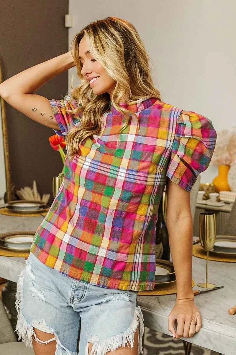 BiBi Short Puff Sleeve Washed Vintage Plaid Top 0f3ff9ea364844b8b3c00840abe6c3dd-Max-Origin