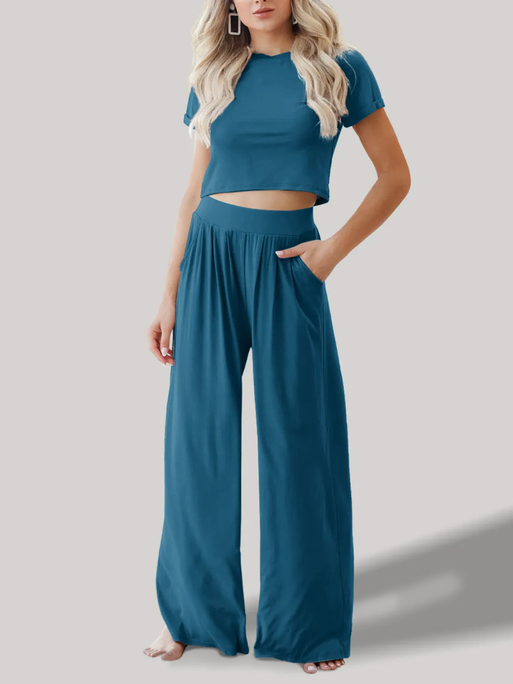 Round Neck Short Sleeve Top and Pants Set French Blue 0f4a38fd-e49a-487c-b448-9fb6aa82e5df-Max-Origin