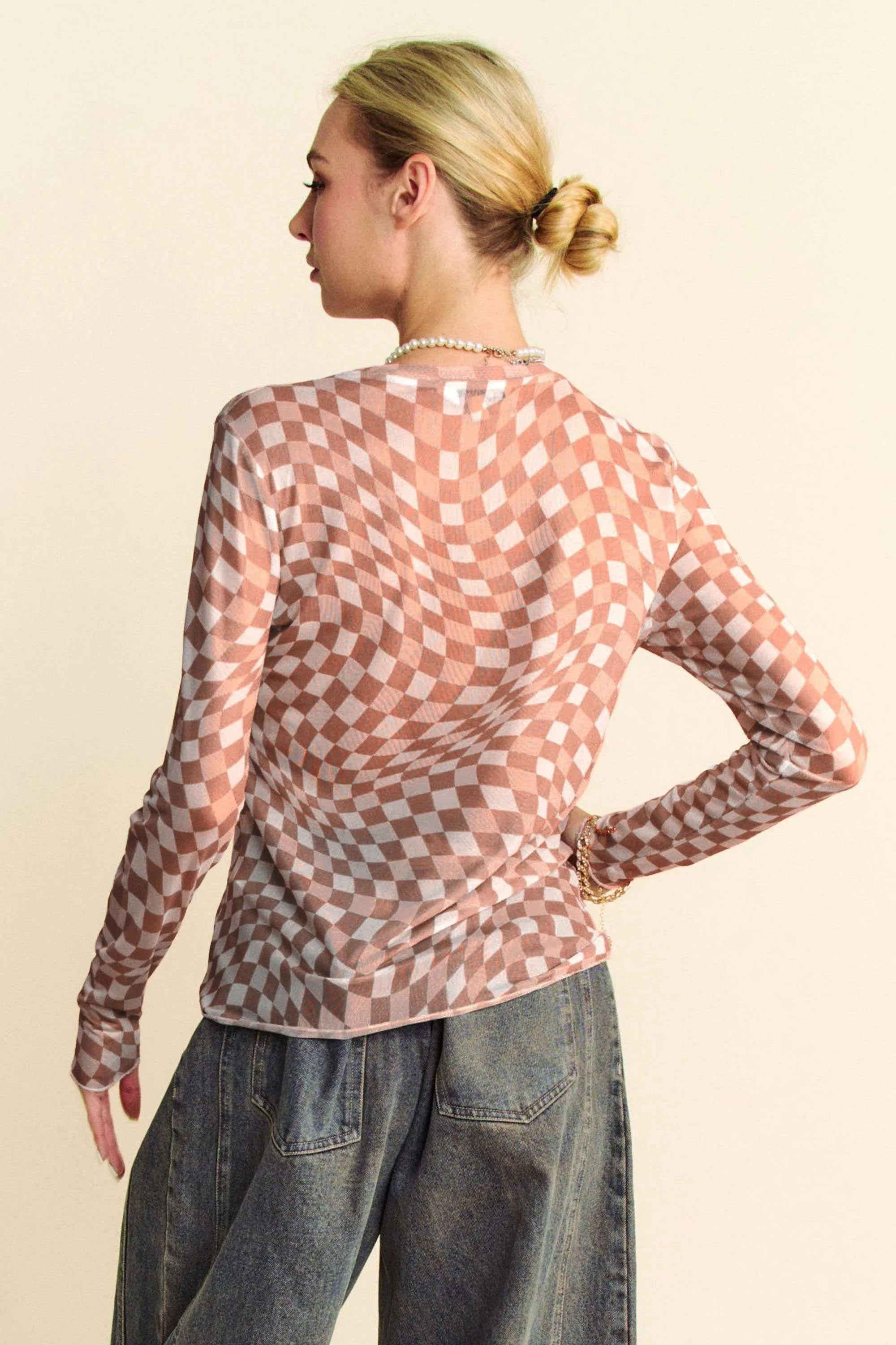 Davi & Dani Checker Board Mesh Long Sleeve Layering Top 0f4f322628754fbca4aa9e6455846efb-Max-Origin