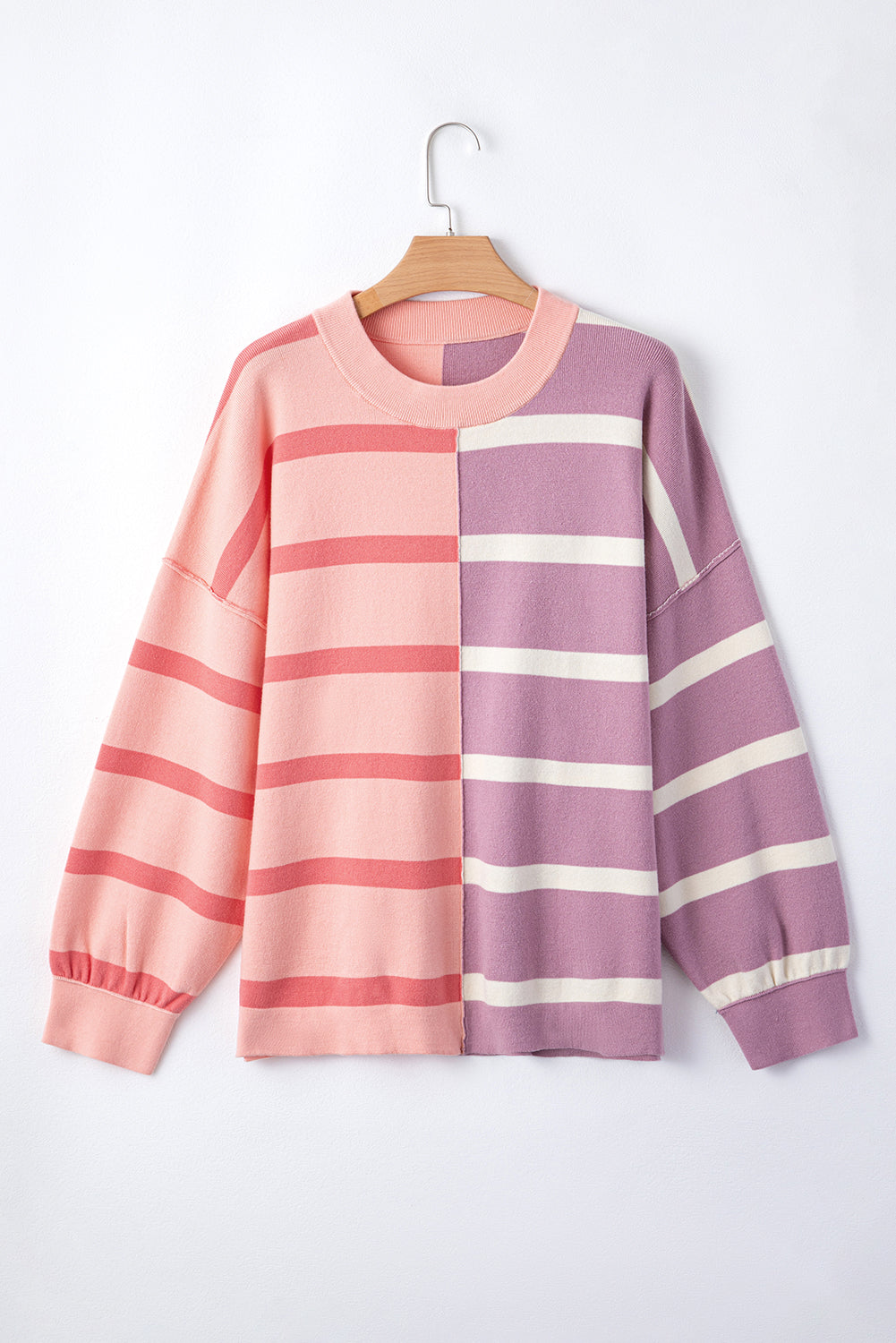 Pink Striped Patchwork Drop Shoulder Sweater 0f548e38615b883c