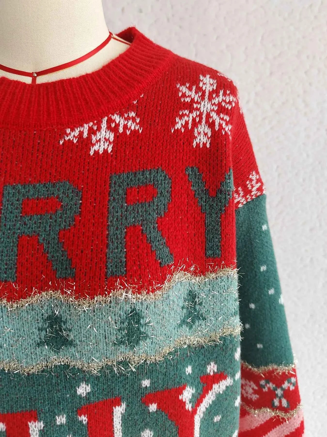 Christmas Letter Round Neck Long Sleeve Sweater 0f5bc01d8bed4d649abc951e80255925-Max-Origin