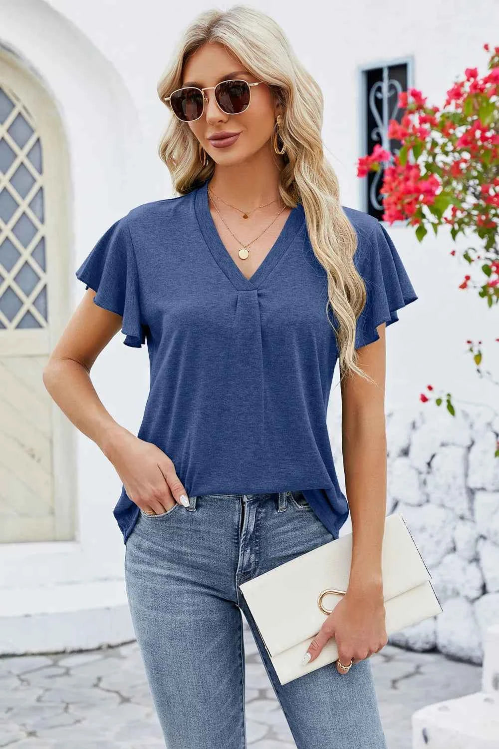 V-Neck Flutter Sleeve T-Shirt Dark Blue 0f5cad1d-a574-46fc-ad95-ca6531285744-Max