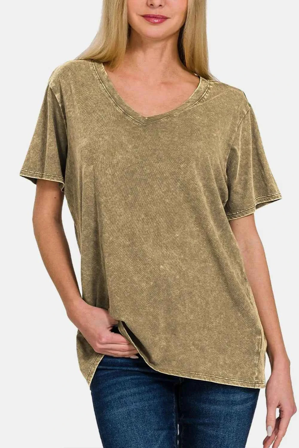 Zenana Full Size Washed Short Sleeve V-Neck T-Shirt Mocha 0f5db5d4-7d52-4926-bd34-06818b517d93-Max