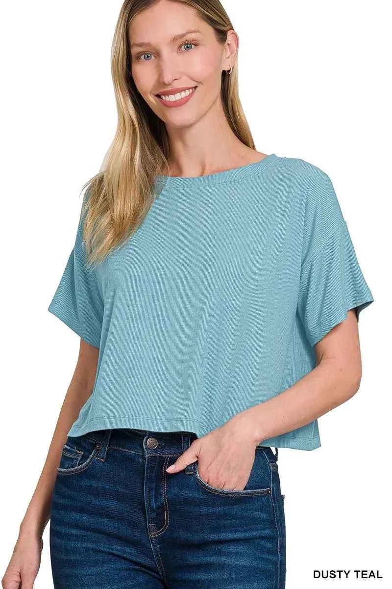 Zenana Ribbed Round-Neck Crop T-Shirt DUSTY TEAL 0f6350cb574b4d71a6dae9926fb3f2ba-Max-Origin
