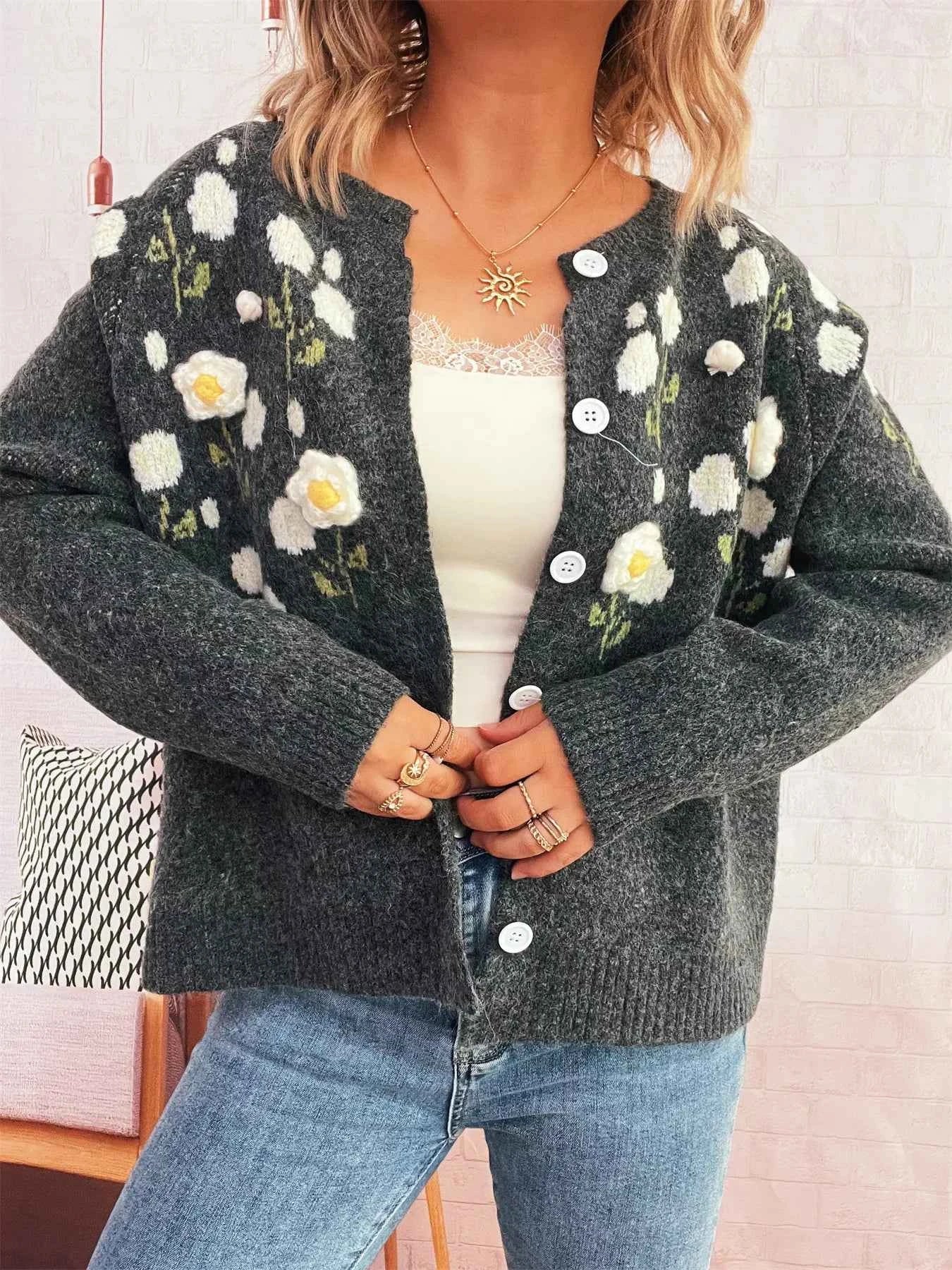 Flower Button Up Long Sleeve Cardigan Dark Gray One Size 0f7726f1913a49ca9ef44e14c5396d61-Max-Origin