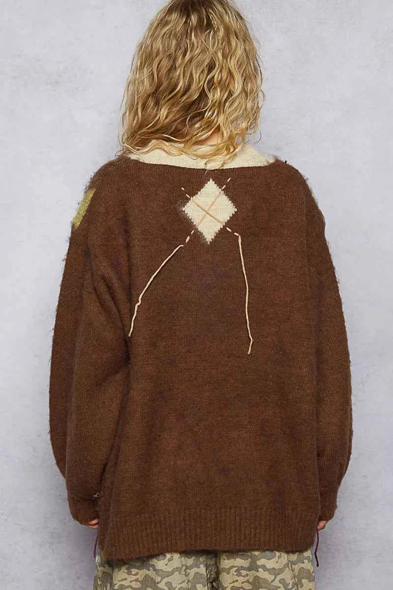 POL V-Neck Argyle Pattern Mohair Sweater with Contrast Exposed Stitch Detail 0f7f35d2-11fc-4345-a885-e911f26752e3-Max-Origin