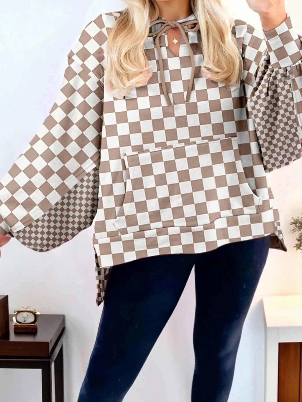 Checkered Pattern Oversized Drawstring Hoodie Mocha 0f88d7b9281443118ce201b008b84288-Max-Origin