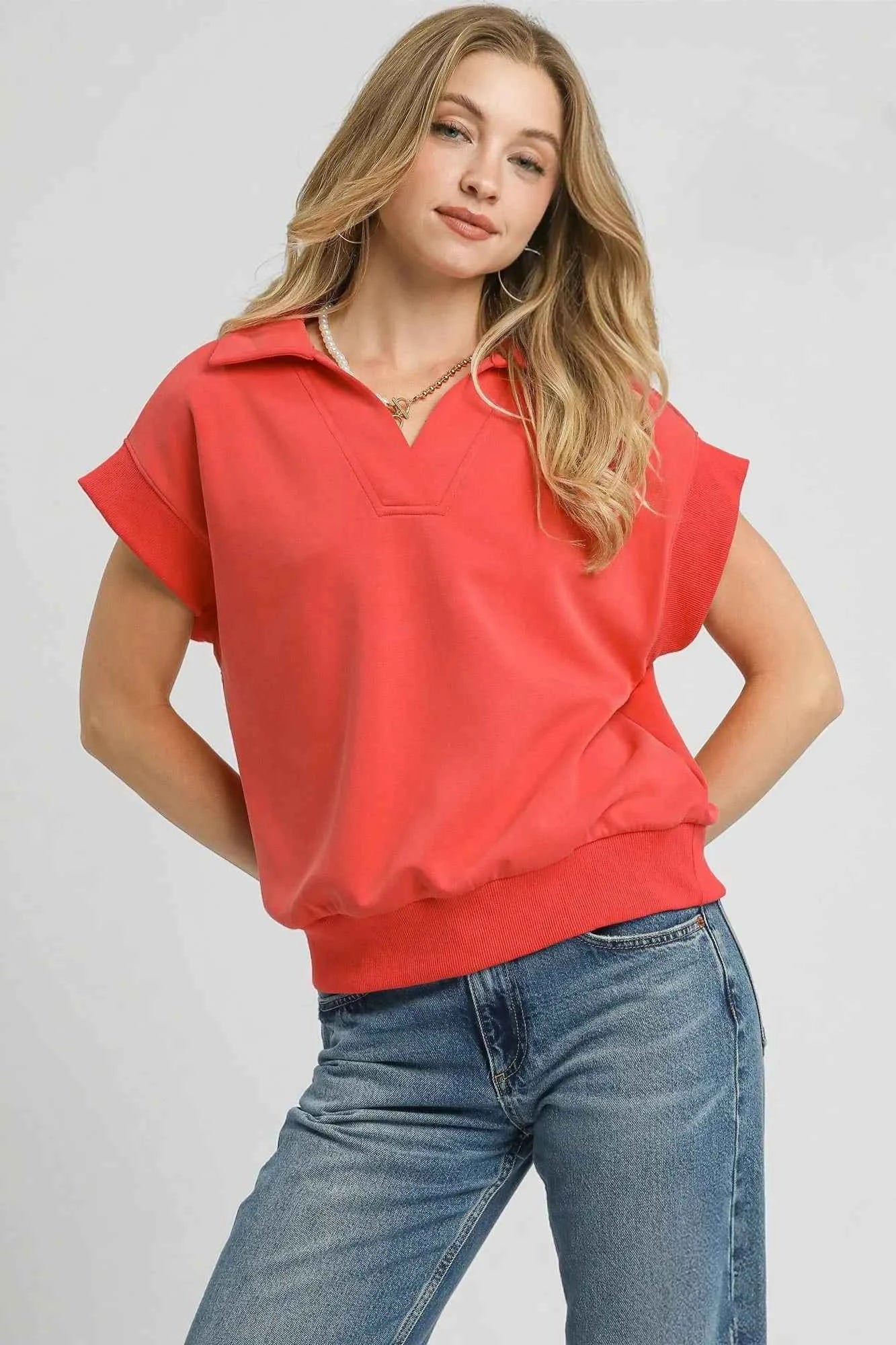 Umgee Luxe Knit Collared Short Sleeve Polo Sweatshirt RED CORAL 0f8fbe7d-91f4-484c-806f-06e09bb17a11-Max-Origin