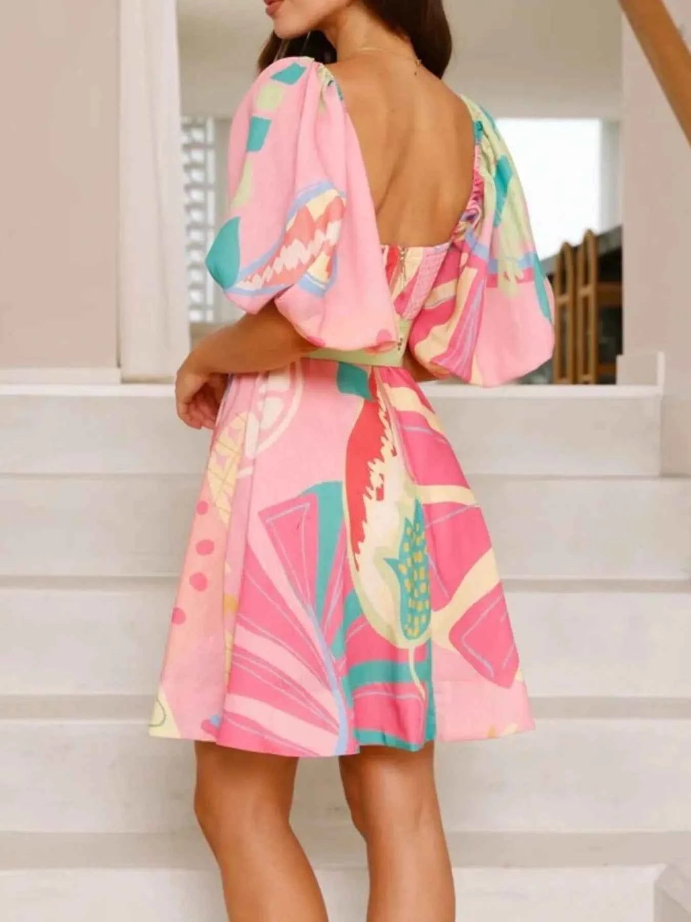 Colorful Print Belted Mini Dress with Puff Sleeves 0f95b8db-0dd7-478f-a393-03603000c96d-Max-Origin