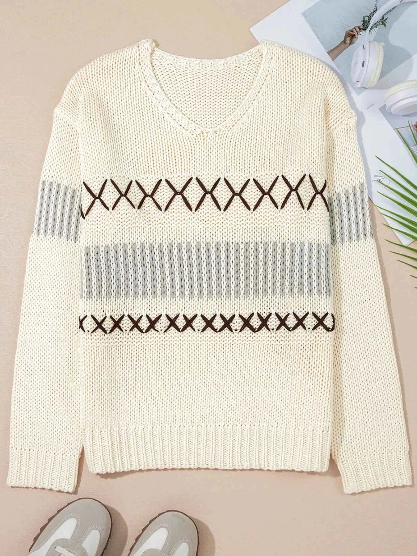 Contrast Stitch Detail V Neck Drop Shoulder Sweater 0fc4d0b76c7a4f87ad75a9294508854d-Max-Origin