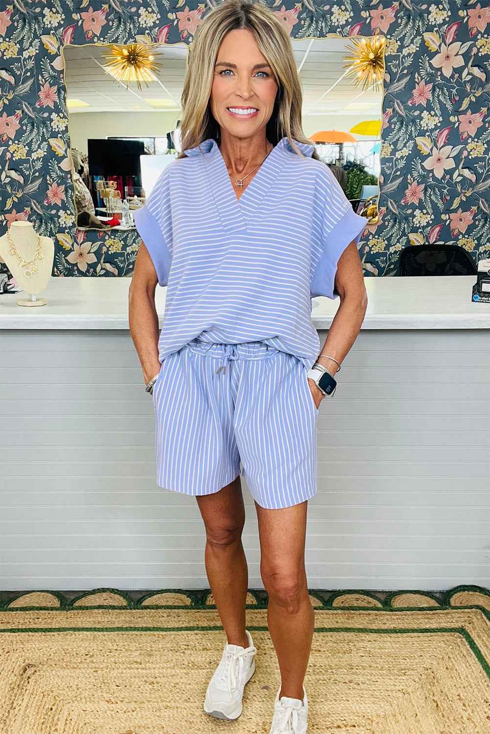 Sky Blue Striped Dolman Sleeve Pullover and Drawstring Shorts Set 0fca7c737af12202