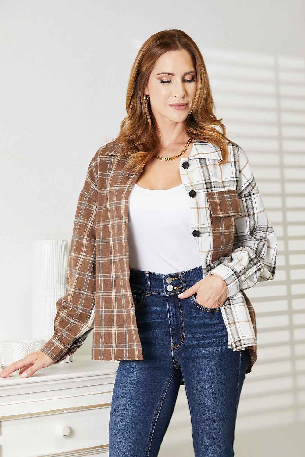 Double Take Plaid Contrast Button Up Shirt Jacket 0fd388a923b34b3e9e67a0a86d82b7d0-Max