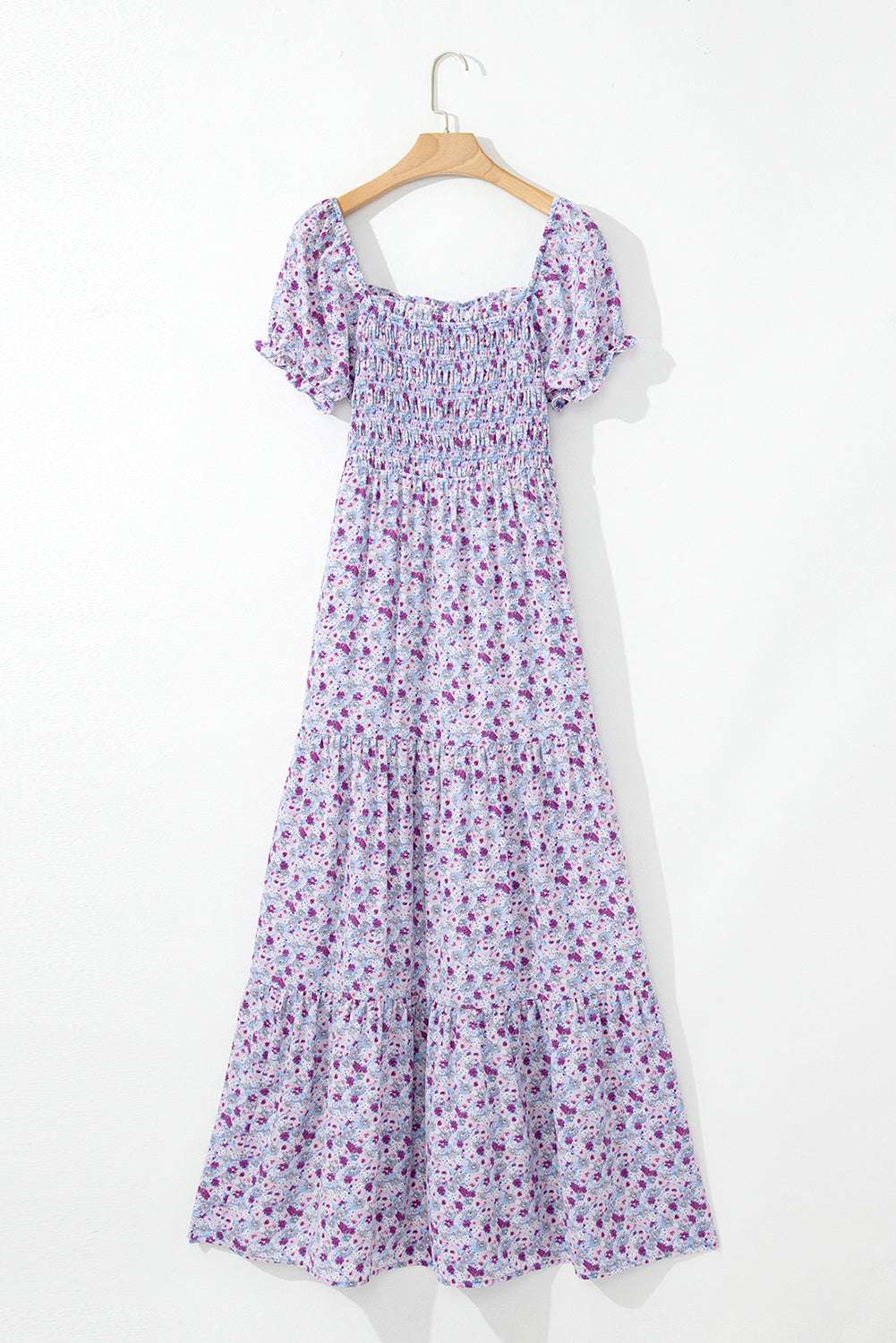 Purple Floral Short Bubble Sleeve Smocked High Waist Maxi Dress 100eb38d8f958707-_5