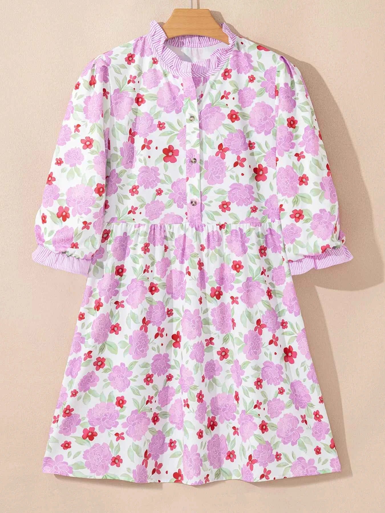 Floral Print Striped Trim Frilled Neck 3/4 Sleeve Flared Mini Dress 1019ca0373044d2b92a45bce86750e54-Max-Origin