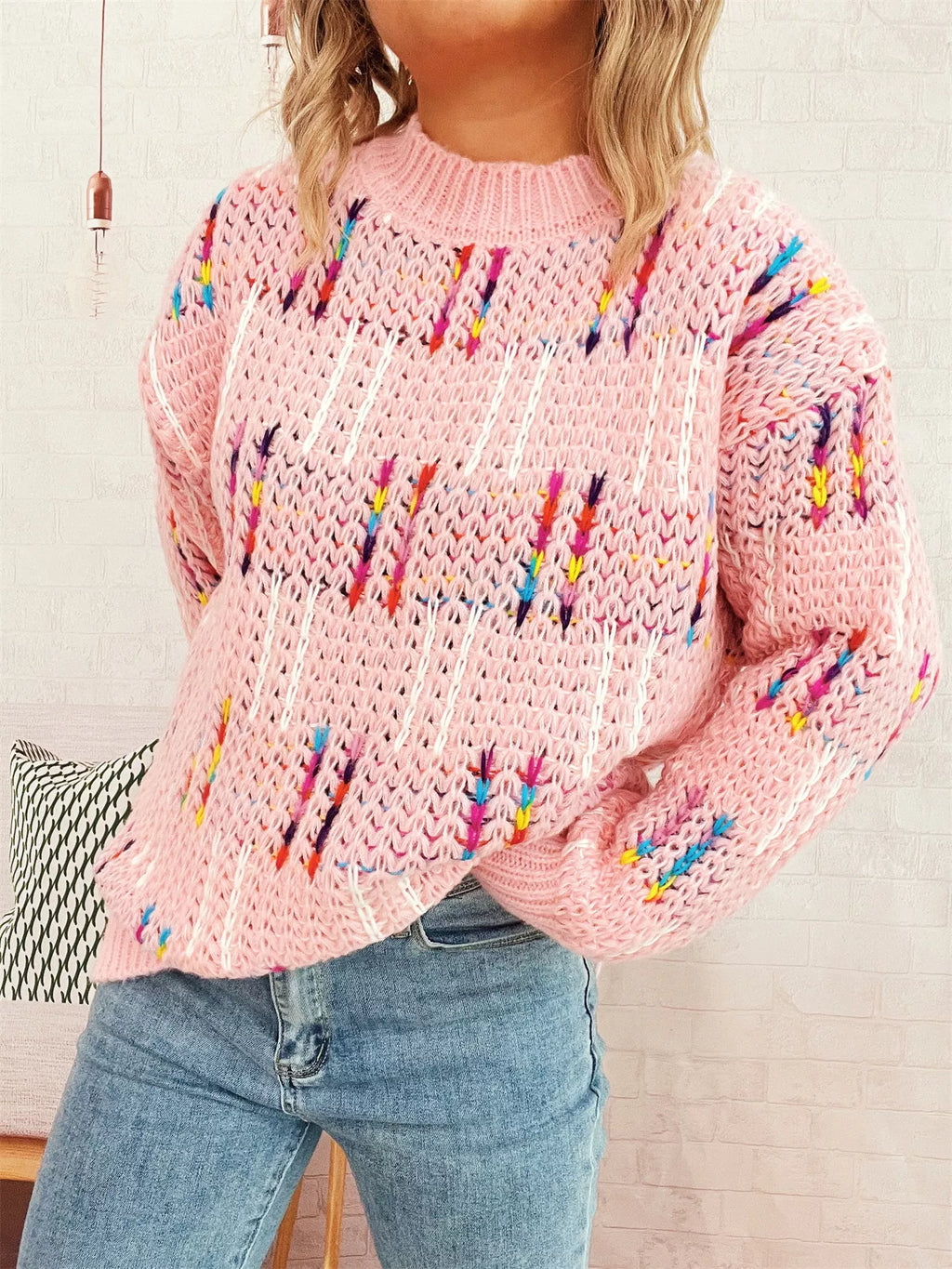 Colorful Round Neck Long Sleeve Sweater 10244791cc974646a47c623f6f52c9e4-Max-Origin