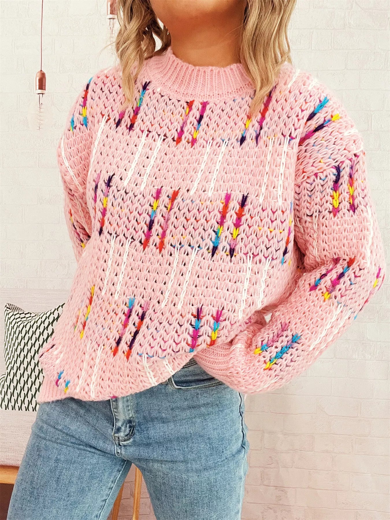 Colorful Round Neck Long Sleeve Sweater 10244791cc974646a47c623f6f52c9e4-Max-Origin