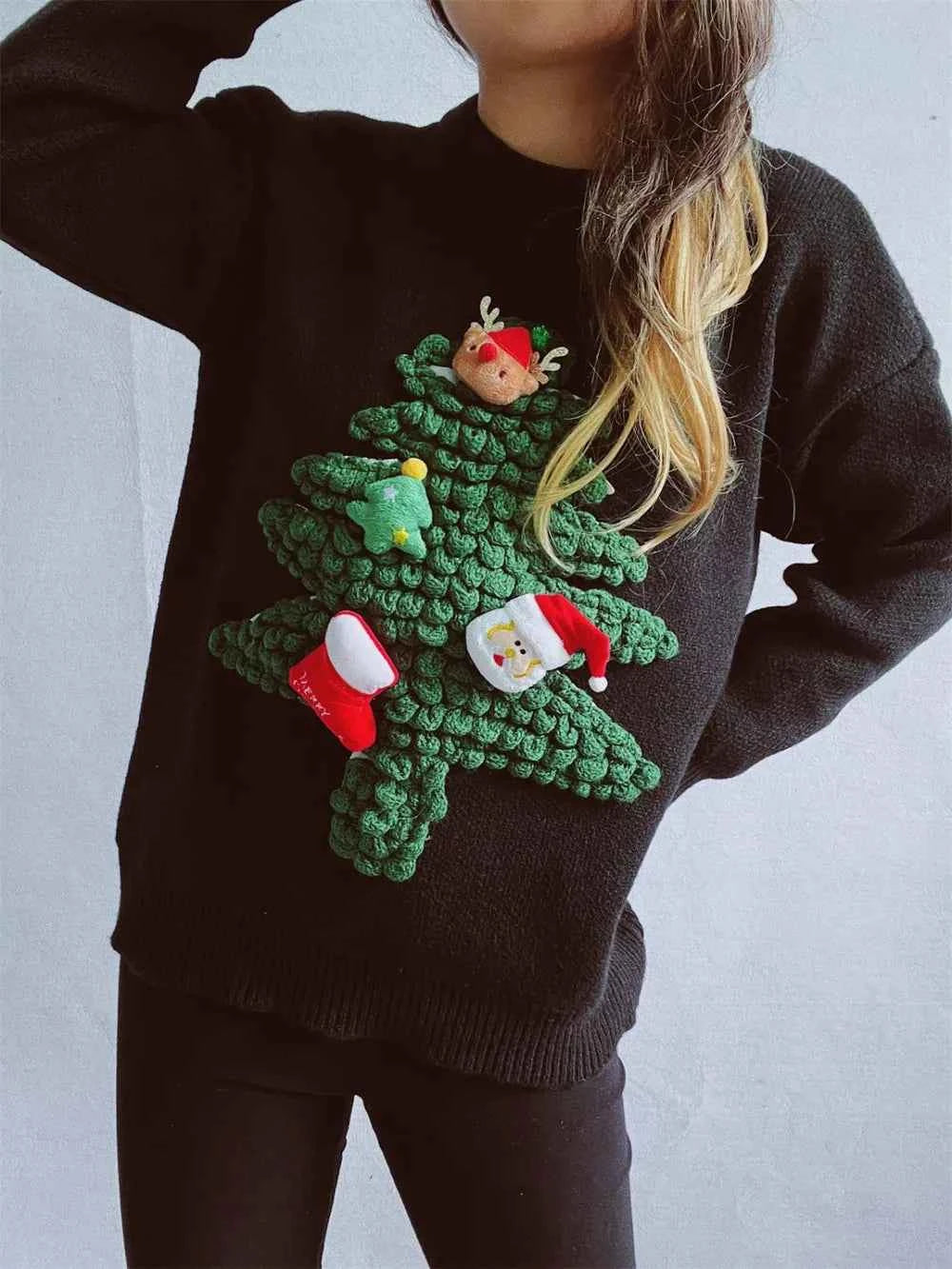 Christmas Tree Round Neck Long Sleeve Sweater 10301d04-7a1e-4a3f-9149-037d891902b6-Max