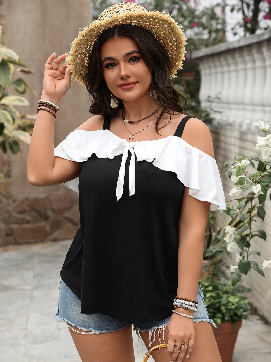 Plus Size Ruffled Contrast Short Sleeve Blouse 1031b691-7a41-4dd0-bfce-d42997d87c29-Max-Origin