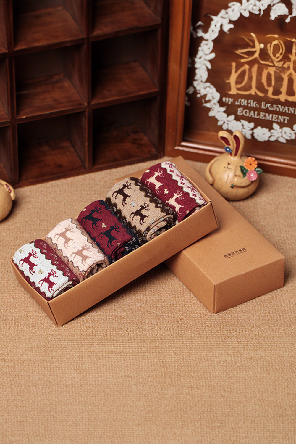 Parchment 5 Pairs Christmas Reindeer Print Socks Set