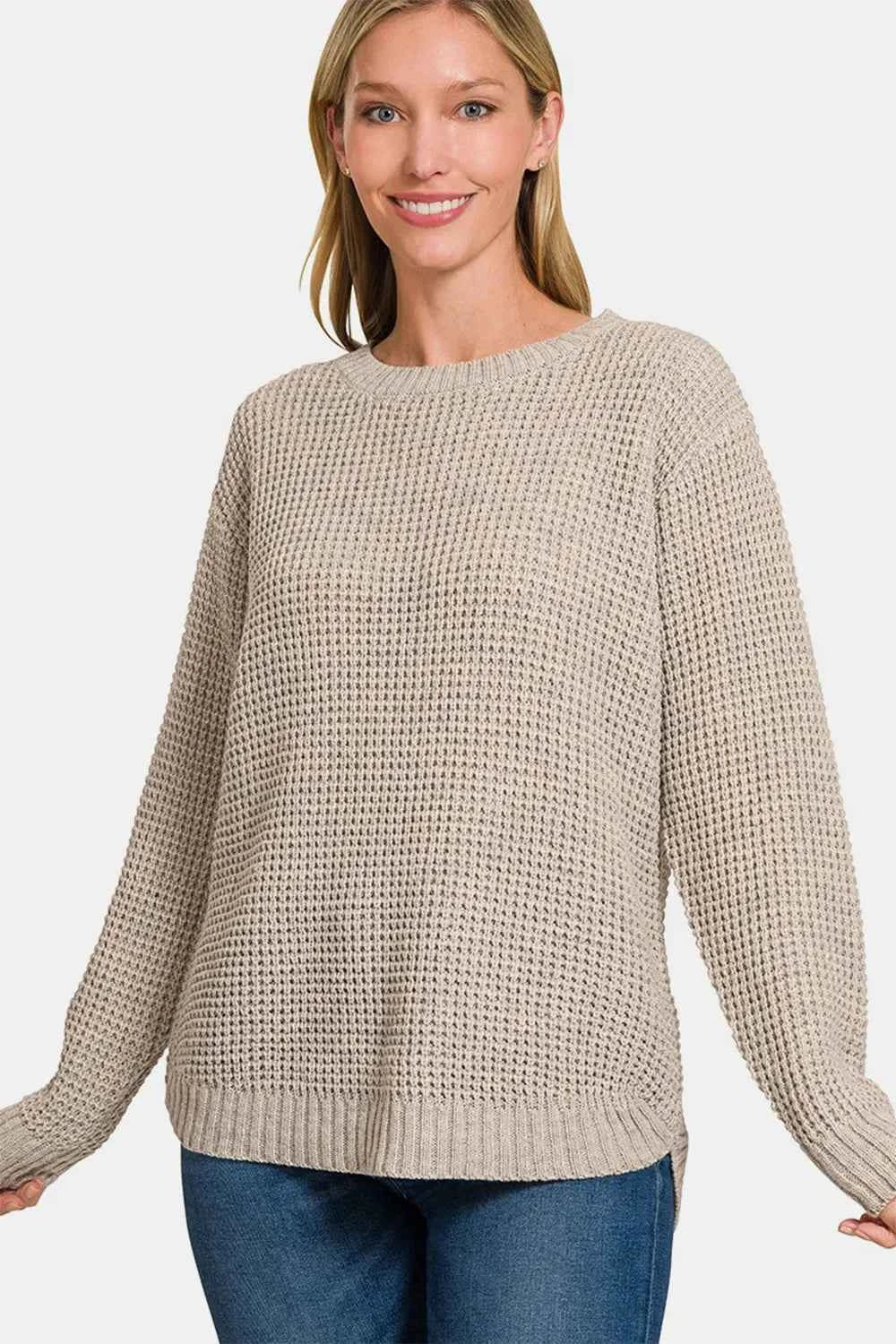 Zenana High Low Long Sleeve Waffle Sweater H Mocha 1048b4ef-18fe-4500-8467-92a3400c67b0-Max