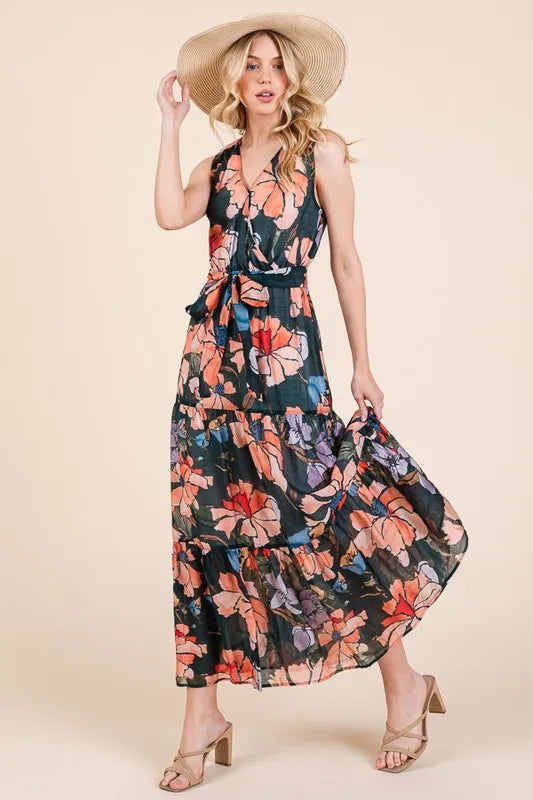 Lime 'N' Chili Floral Print Sleeveless Tie Waist Maxi Dress MULTI 10498c2ed3ab46f7ba92077ad72a5580-Max-Origin