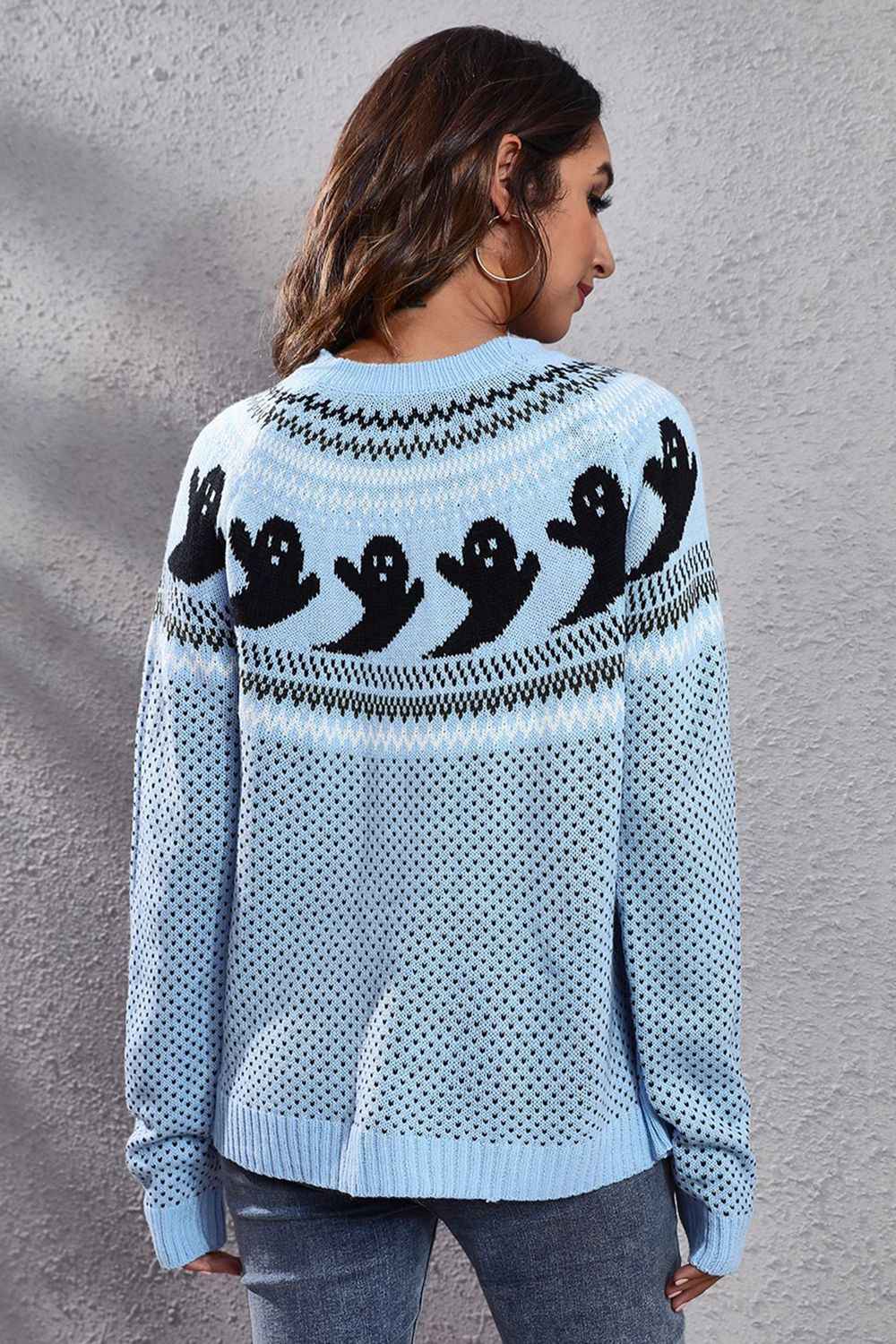 Ghost Pattern Round Neck Long Sleeve Sweater 105337f55f8a4d06b66521d1859aaa4b-Max