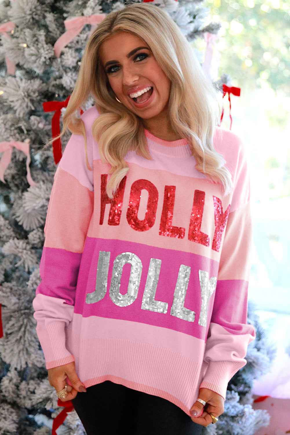 Pink HOLLY JOLLY Sequined Color Block Crew Neck Sweater 105b1df454666b99