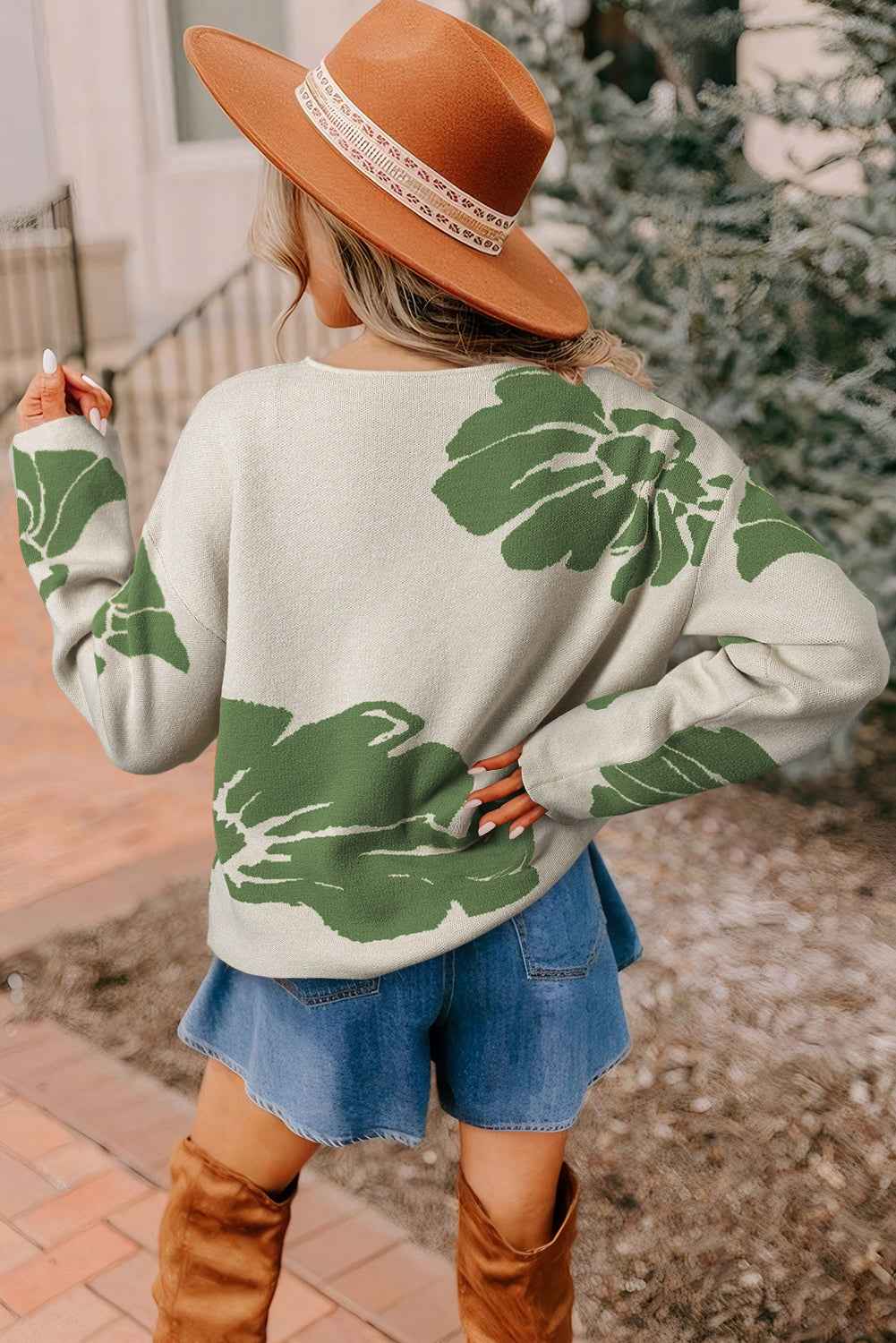 Green Flower Pattern Drop Sleeve Baggy Sweater 105bbfd419a168f5