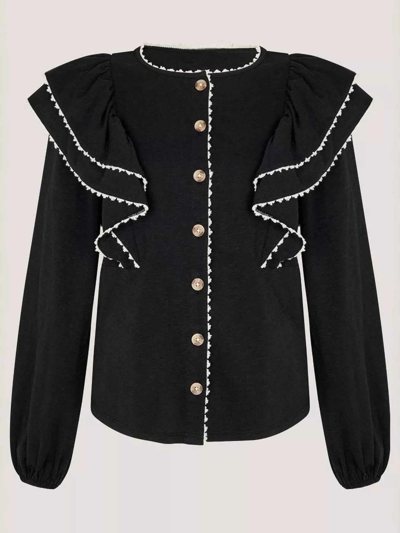 Ruffled Button Up Long Sleeve Shirt Black 1064b22c4fea466d88f7b00ffa20f649-Max-Origin