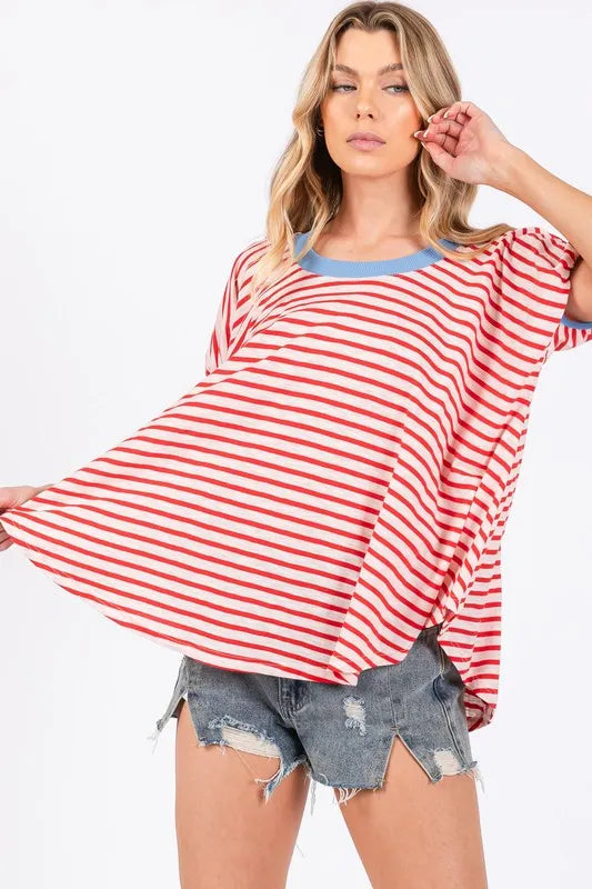 Ces Femme Striped Round Neck Short Sleeve T-Shirt 106d487e-4c60-4c1e-a59c-22b10bdb63d5-Max