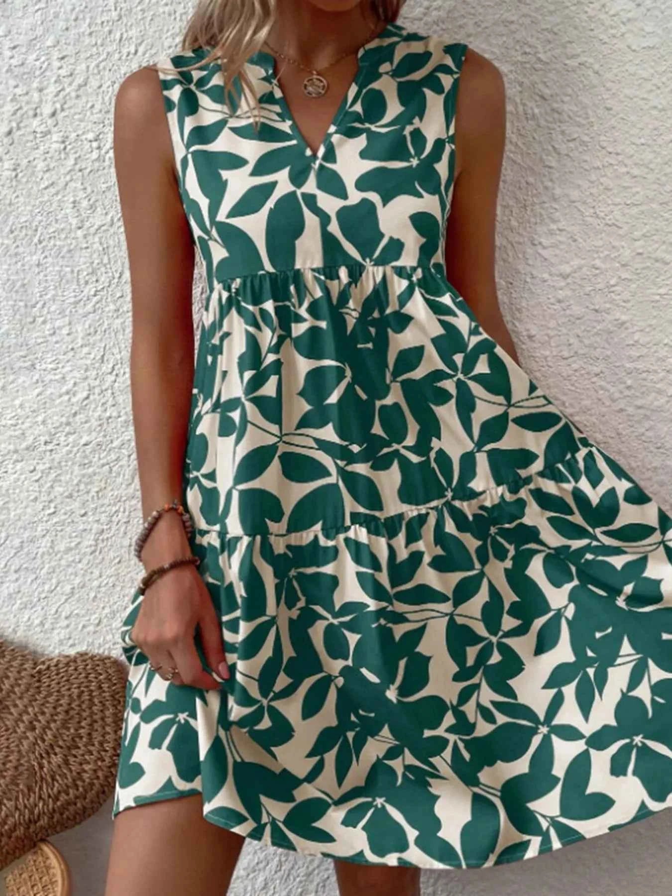 Printed V-Neck Sleeveless Mini Dress Green 10854b05a3a34f8ca7833806c2a33196-Max-Origin