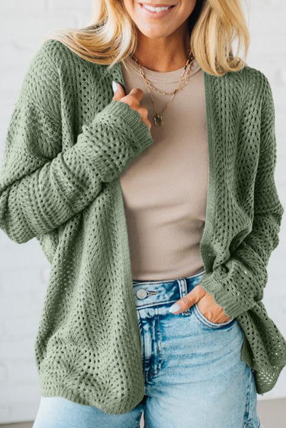 Green Bay Scalloped Edge Eyelet Knit Batwing Sleeve Cardigan 108918edbd0ff16c