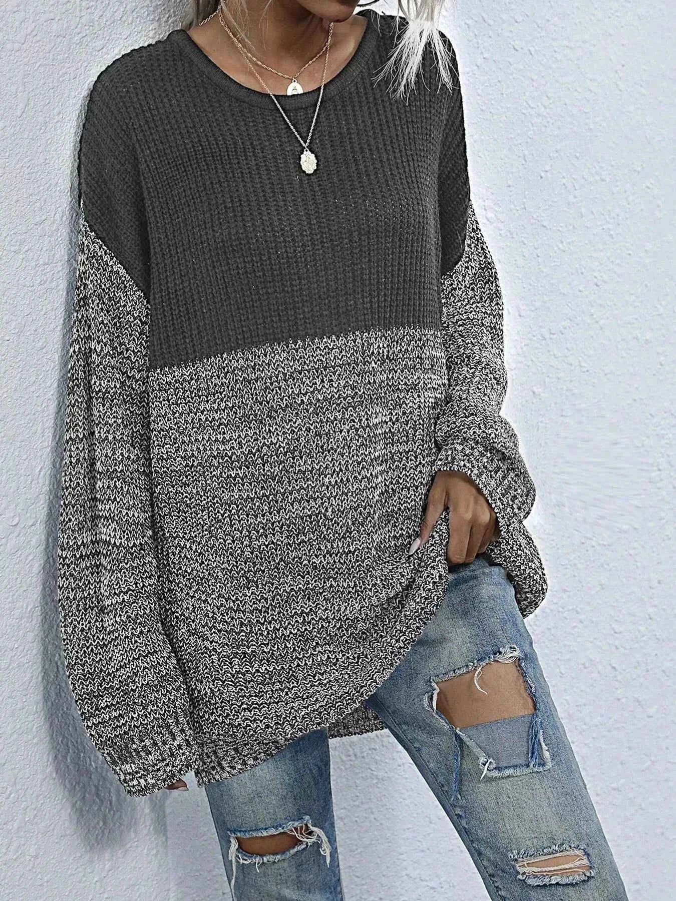 Color Block Long Sleeve Oversized Sweater Dark Gray 108d7ce4-5951-4ecb-9963-922d88cf6306-Max-Origin