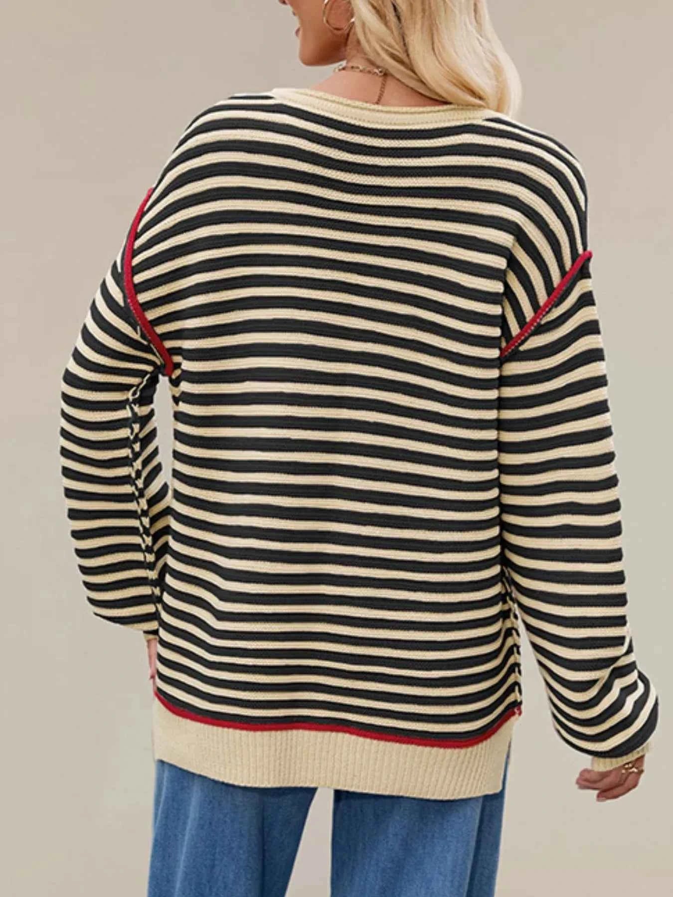 Slit Striped Oversized Sweater 108f70af-4a12-4c44-aeff-b51302013863-Max-Origin