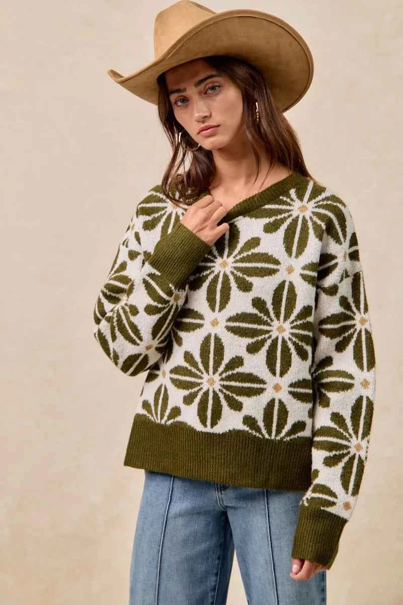 BiBi Flower Pattern Long Sleeve Sweater 109815c1f955462588482bbe1a700222-Max-Origin