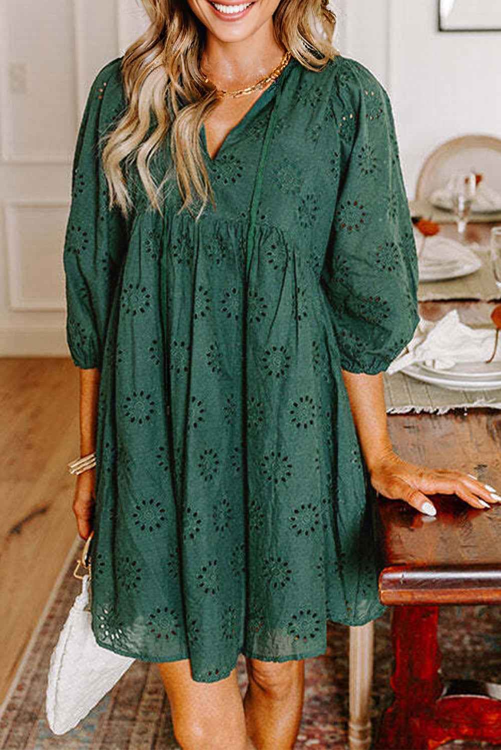 Blackish Green Embroidered Eyelet Pattern Puff Sleeve Mini Dress 10ba1a9a8e6617e2