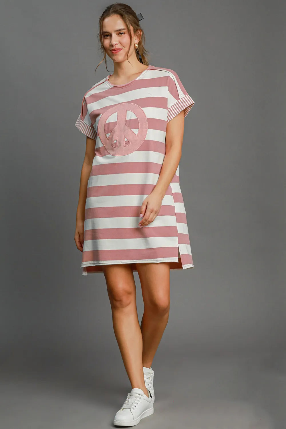 Umgee Peace Applique Striped Short Sleeve Mini Dress Dusty Pink 10c8e317-241c-4953-898a-52eef9698df9-Max