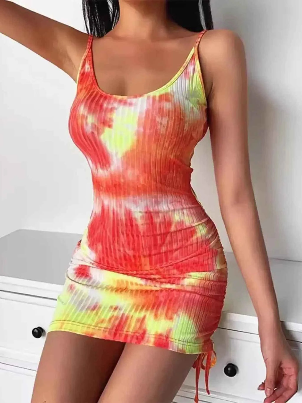 Tie-Dye Ribbed Mini Dress with Side Drawstring 10e0ec8c2feb46b98ce8cafce07d137c-Max-Origin