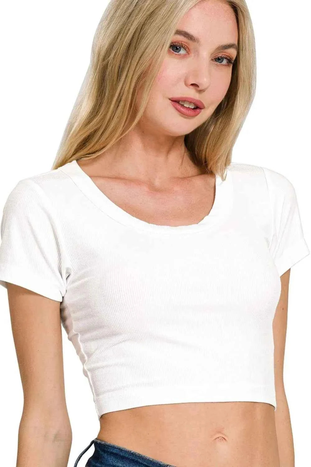 Zenana Ribbed Scoop Neck Crop Short Sleeve Top WHITE 10e53954-ca2f-4b40-9419-efd4cf43be6b-Max-Origin
