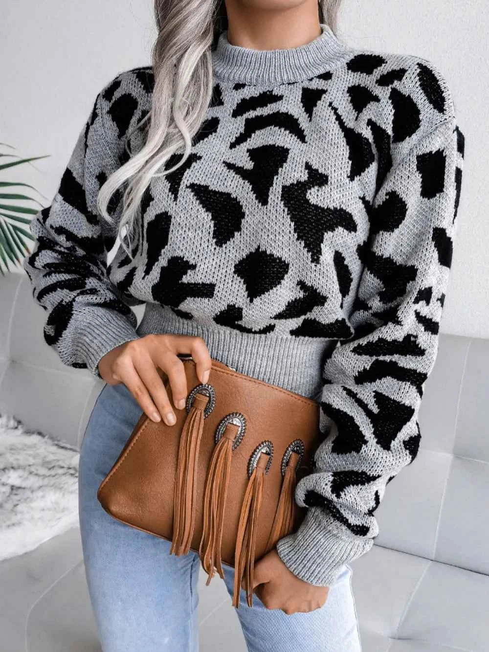 Leopard Round Neck Dropped Shoulder Sweater Gray 10eb1564-86dc-406a-8876-c01b5a688a41-Max