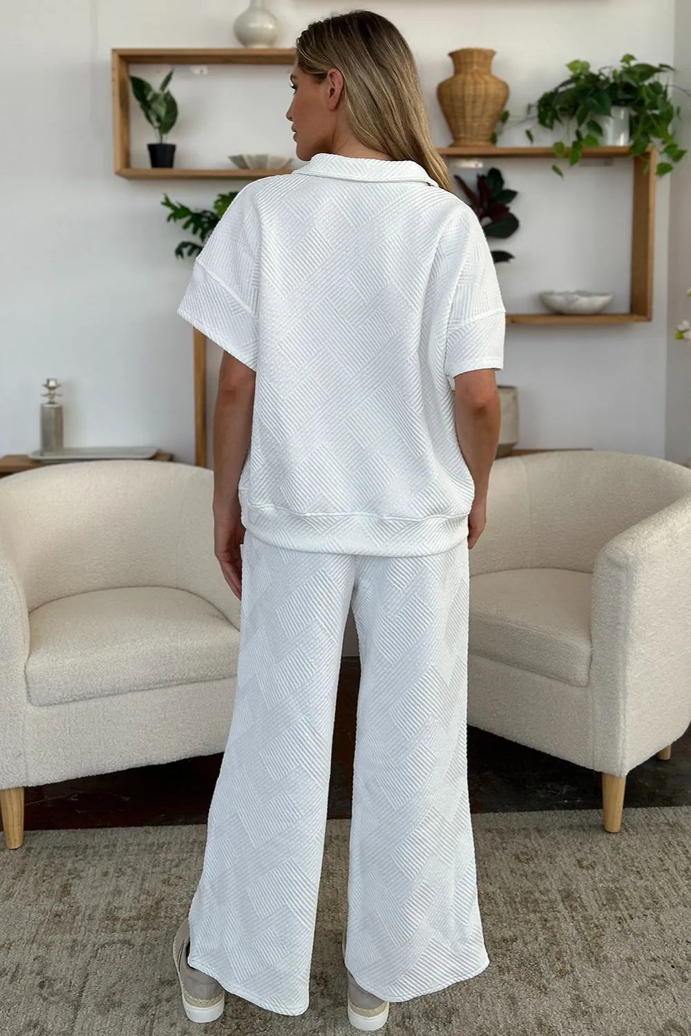 Double Take Full Size Texture Half Zip Short Sleeve Top and Pants Set 10ed44c5-43c9-48a9-8941-998eb2764bc3-Max