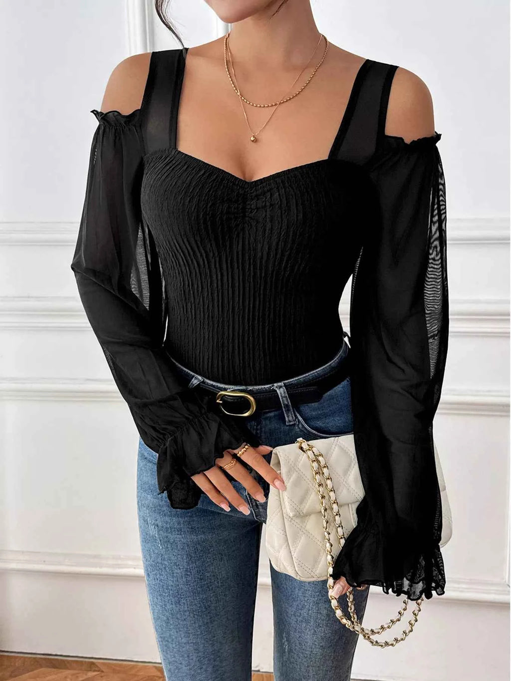 Cold Shoulder Flounce Sleeve Bodysuit Black 10ed8ad75194403f966e17308430c50f-Max-Origin