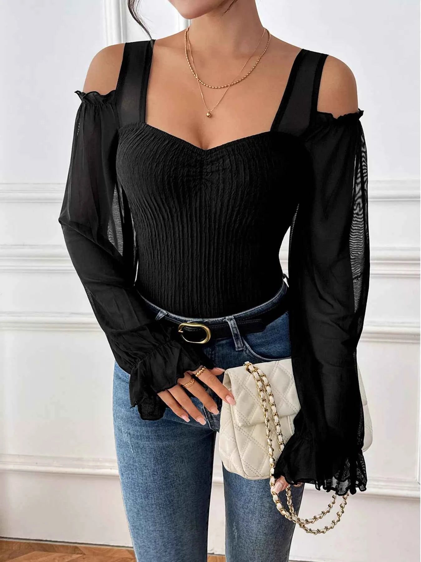 Cold Shoulder Flounce Sleeve Bodysuit Black 10ed8ad75194403f966e17308430c50f-Max-Origin